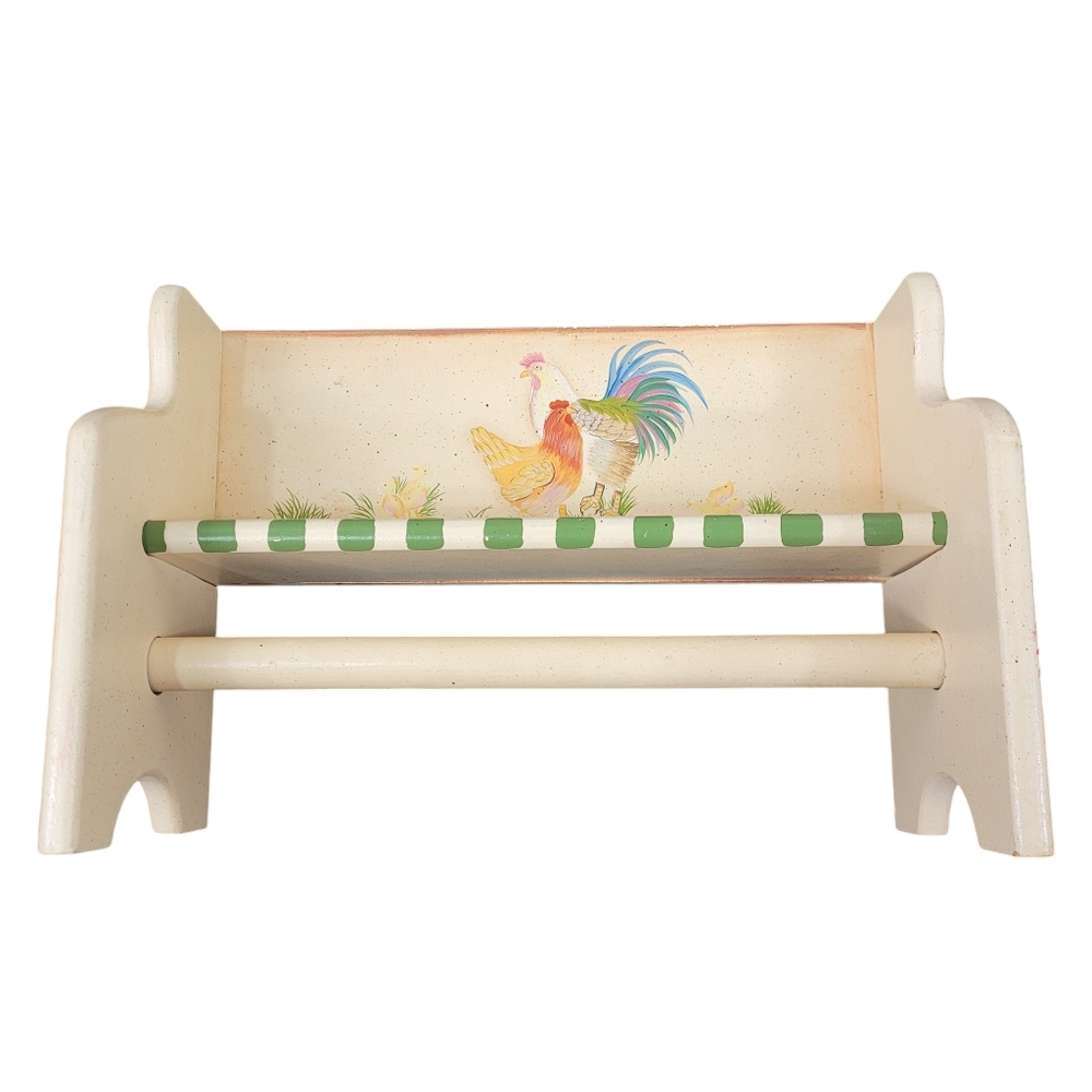 Wooden Paper Towel Holder and Shelf Rooster Chicken Painted EUC